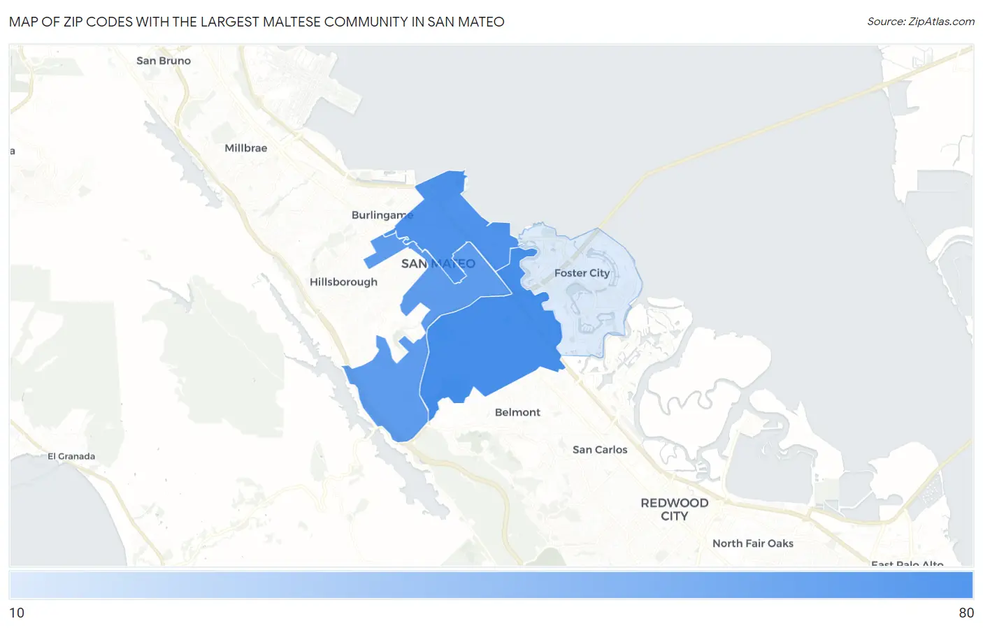 Zip Codes with the Largest Maltese Community in San Mateo Map