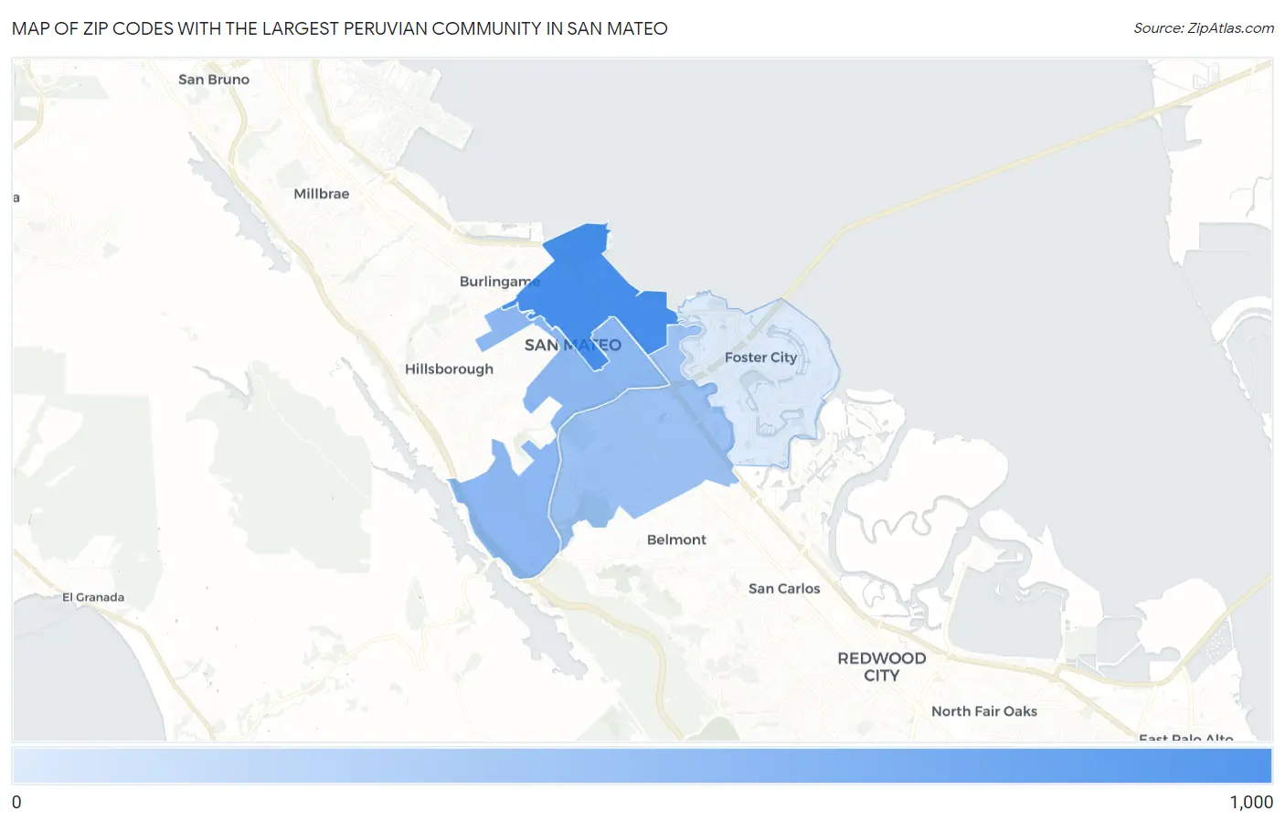 Zip Codes with the Largest Peruvian Community in San Mateo Map