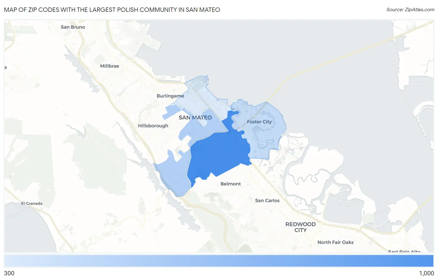 Zip Codes with the Largest Polish Community in San Mateo Map