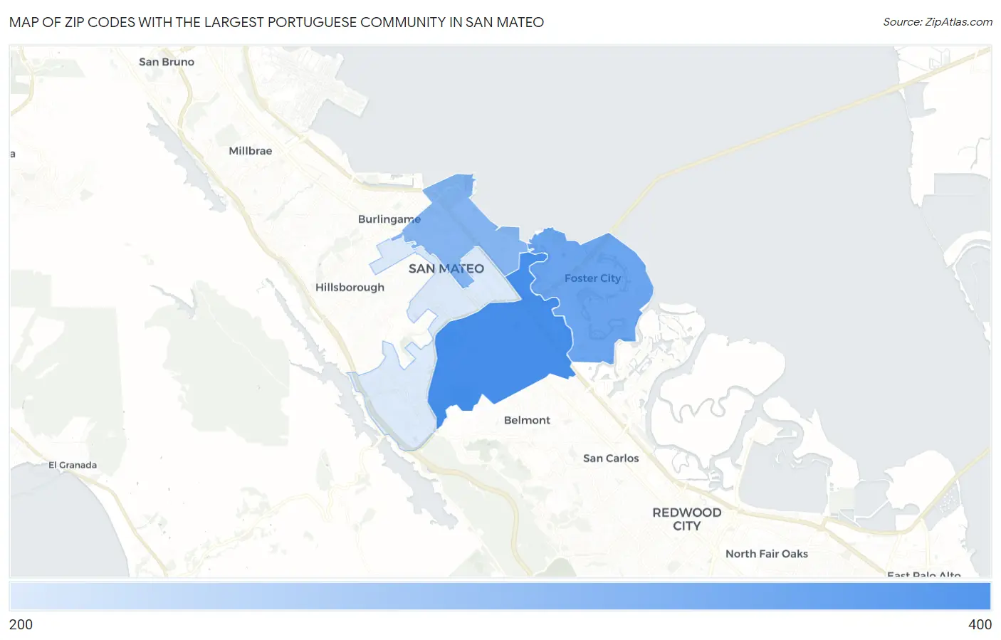 Zip Codes with the Largest Portuguese Community in San Mateo Map