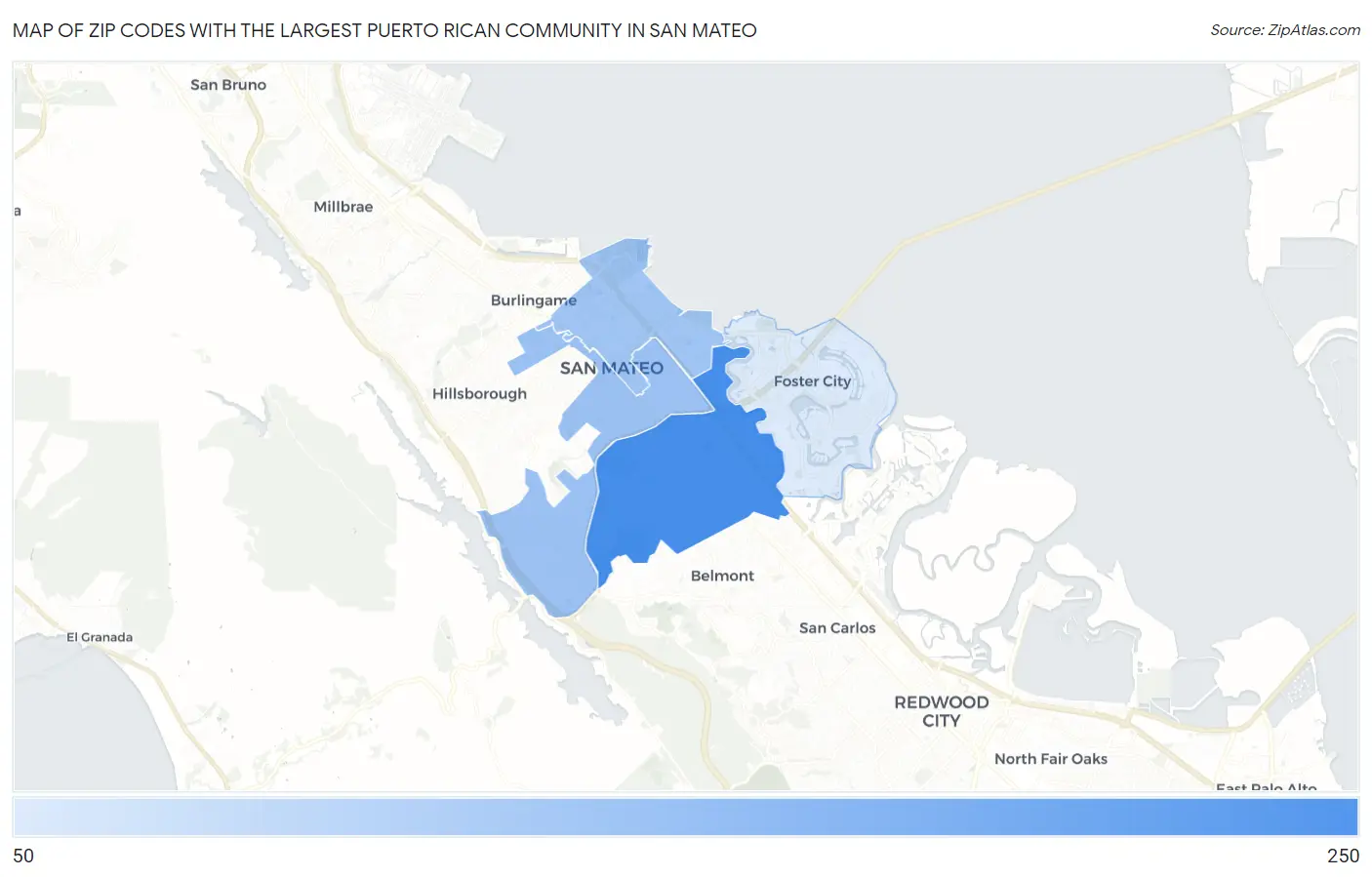 Zip Codes with the Largest Puerto Rican Community in San Mateo Map