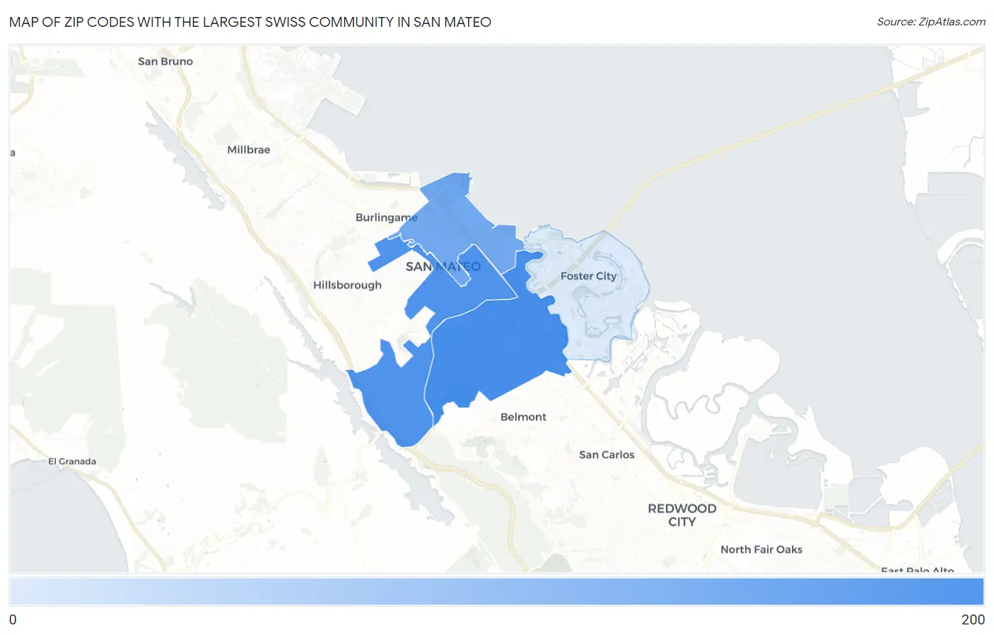 Zip Codes with the Largest Swiss Community in San Mateo Map