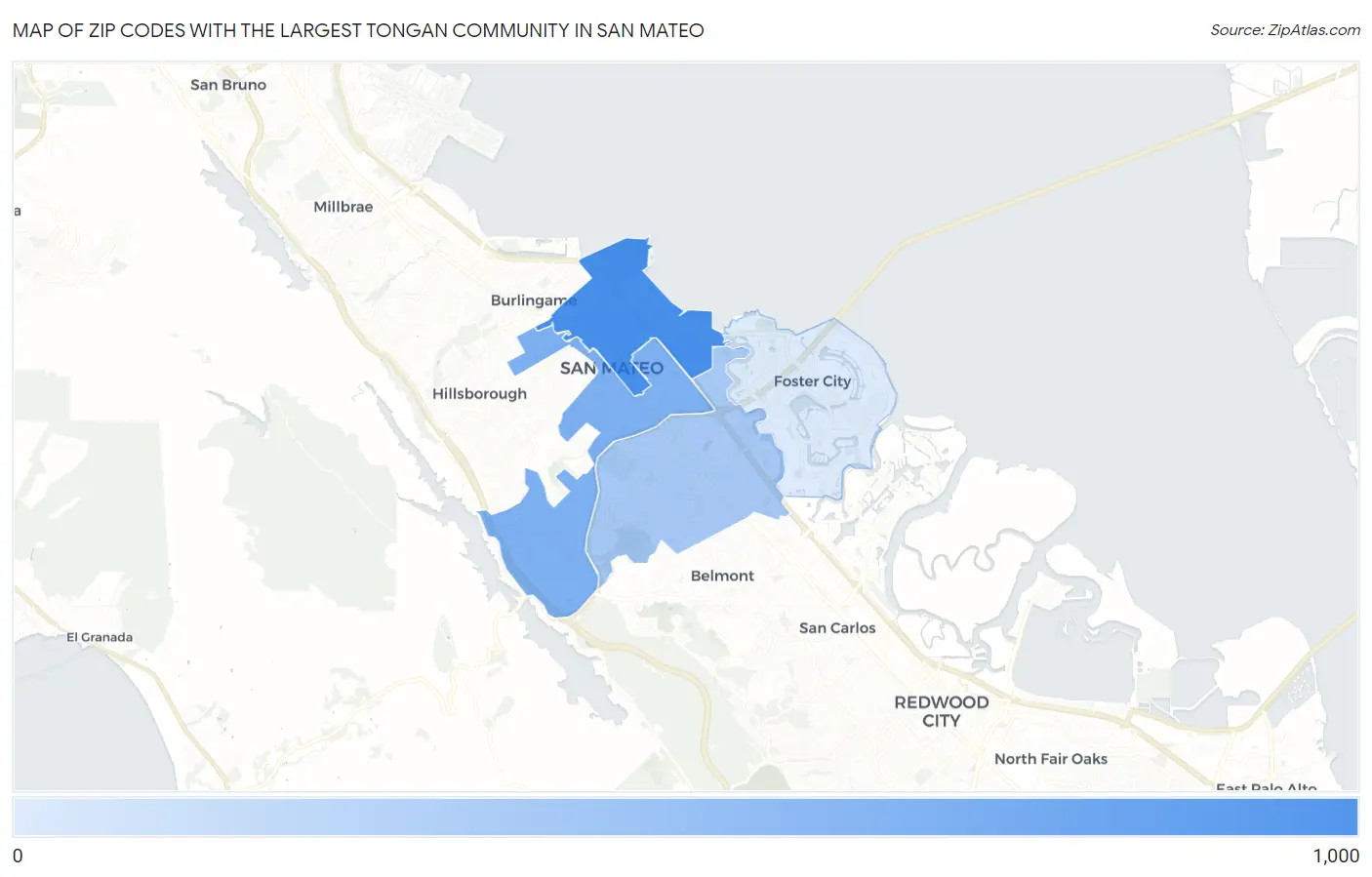 Zip Codes with the Largest Tongan Community in San Mateo Map