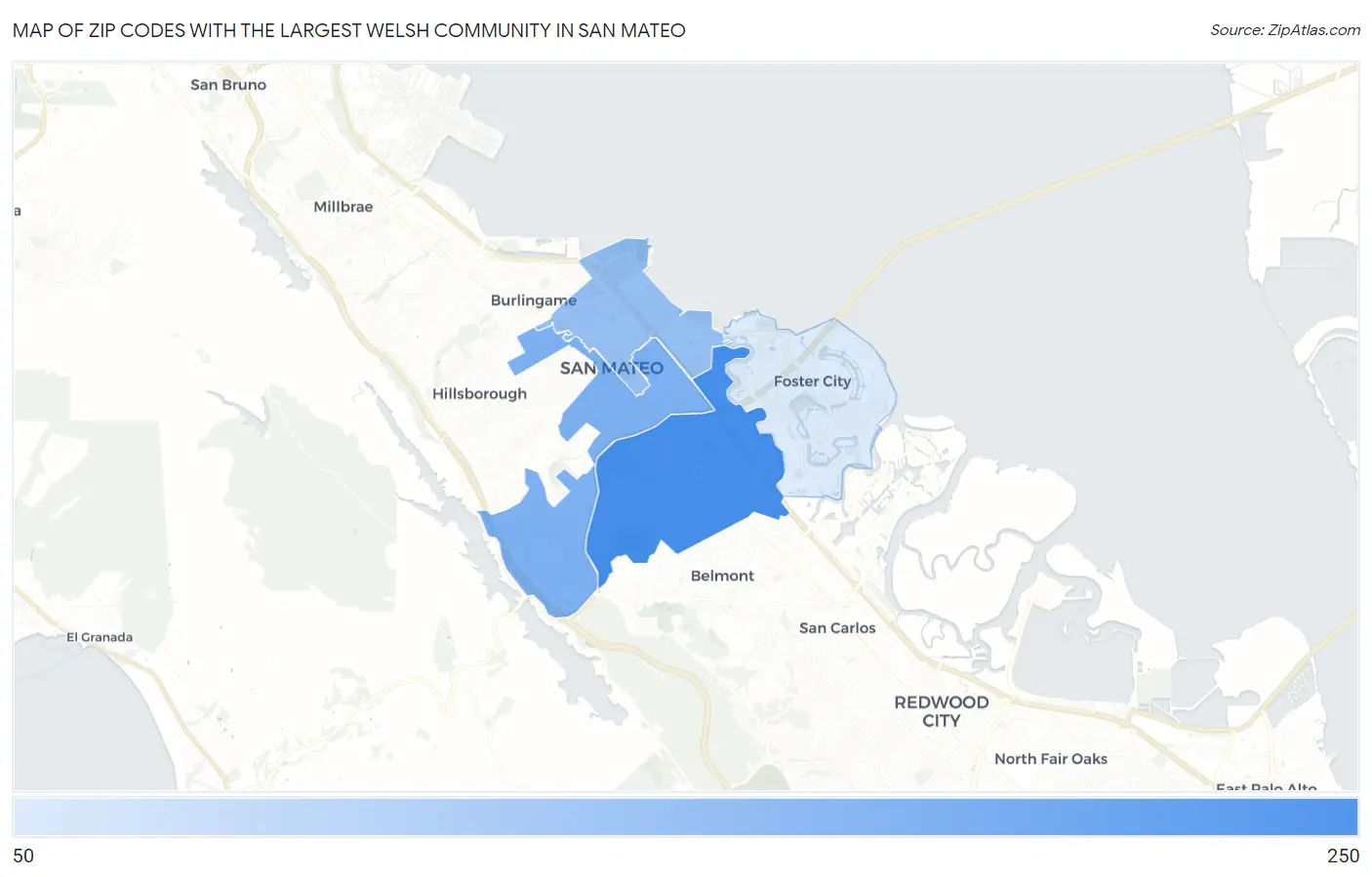 Zip Codes with the Largest Welsh Community in San Mateo Map