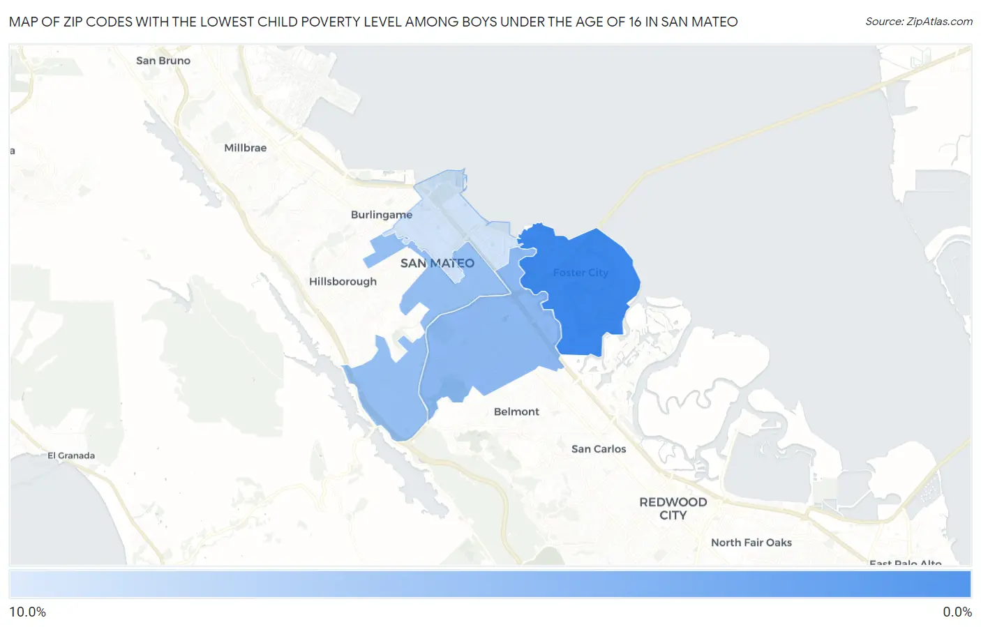 Zip Codes with the Lowest Child Poverty Level Among Boys Under the Age of 16 in San Mateo Map