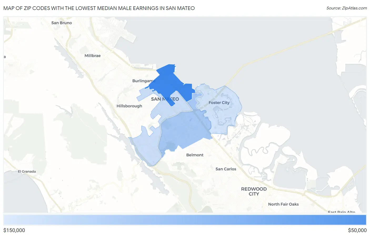 Zip Codes with the Lowest Median Male Earnings in San Mateo Map