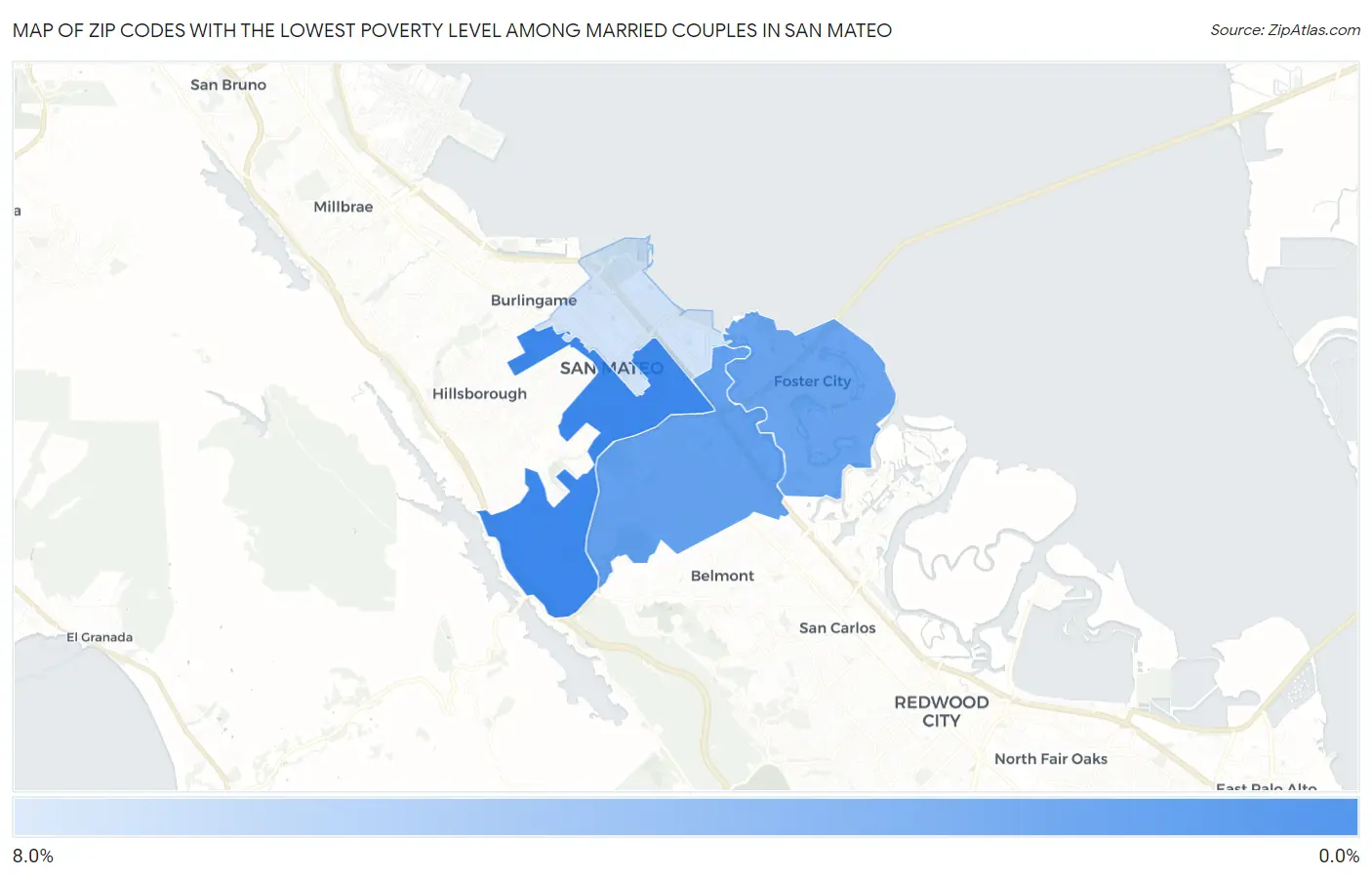 Zip Codes with the Lowest Poverty Level Among Married Couples in San Mateo Map