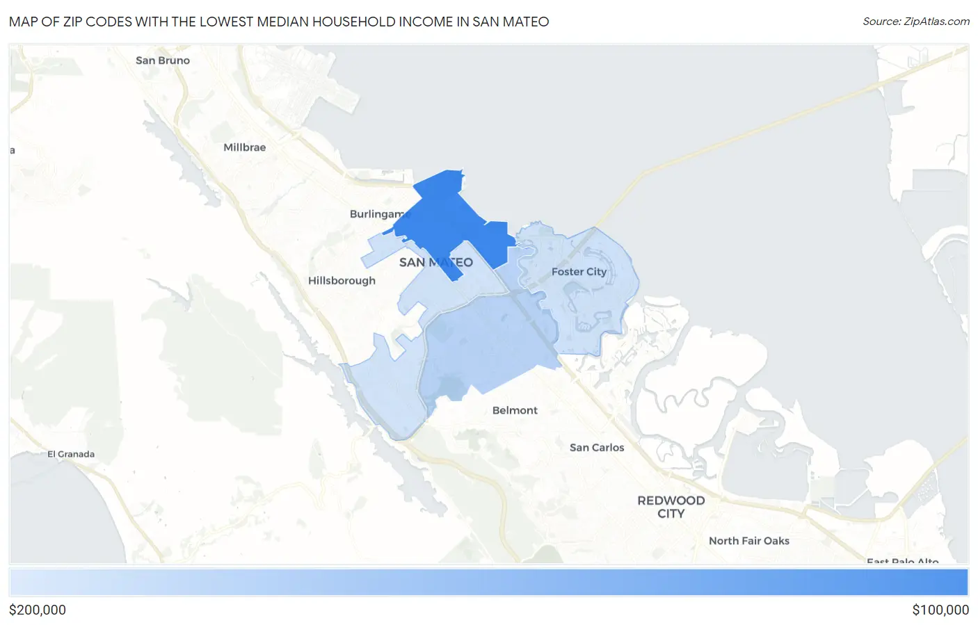 Zip Codes with the Lowest Median Household Income in San Mateo Map