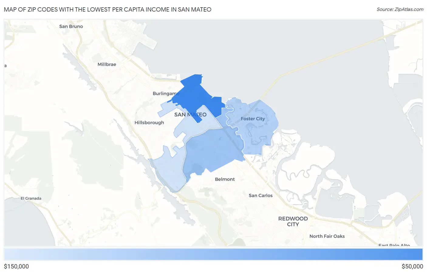 Zip Codes with the Lowest Per Capita Income in San Mateo Map