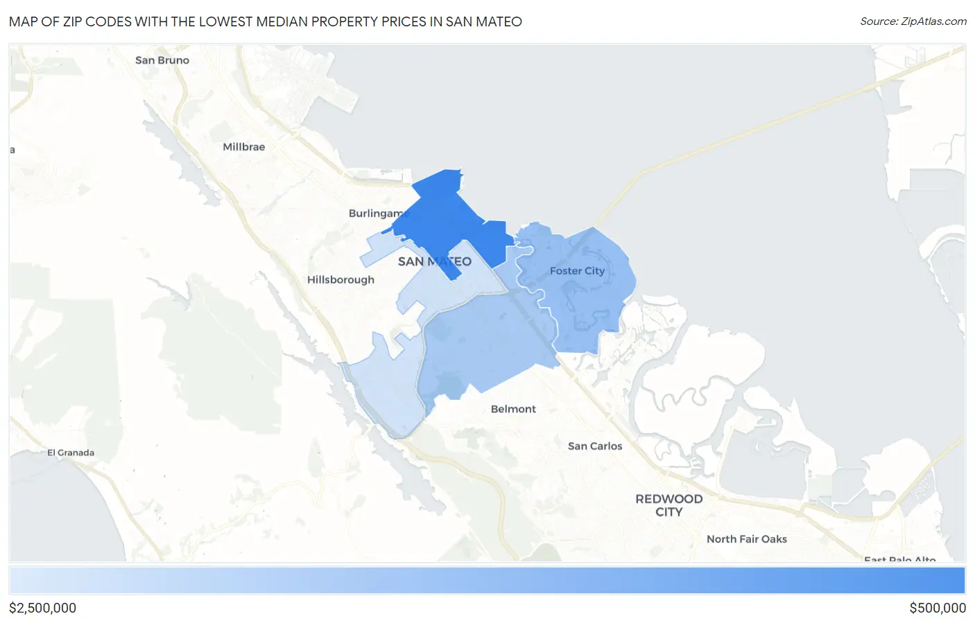 Zip Codes with the Lowest Median Property Prices in San Mateo Map