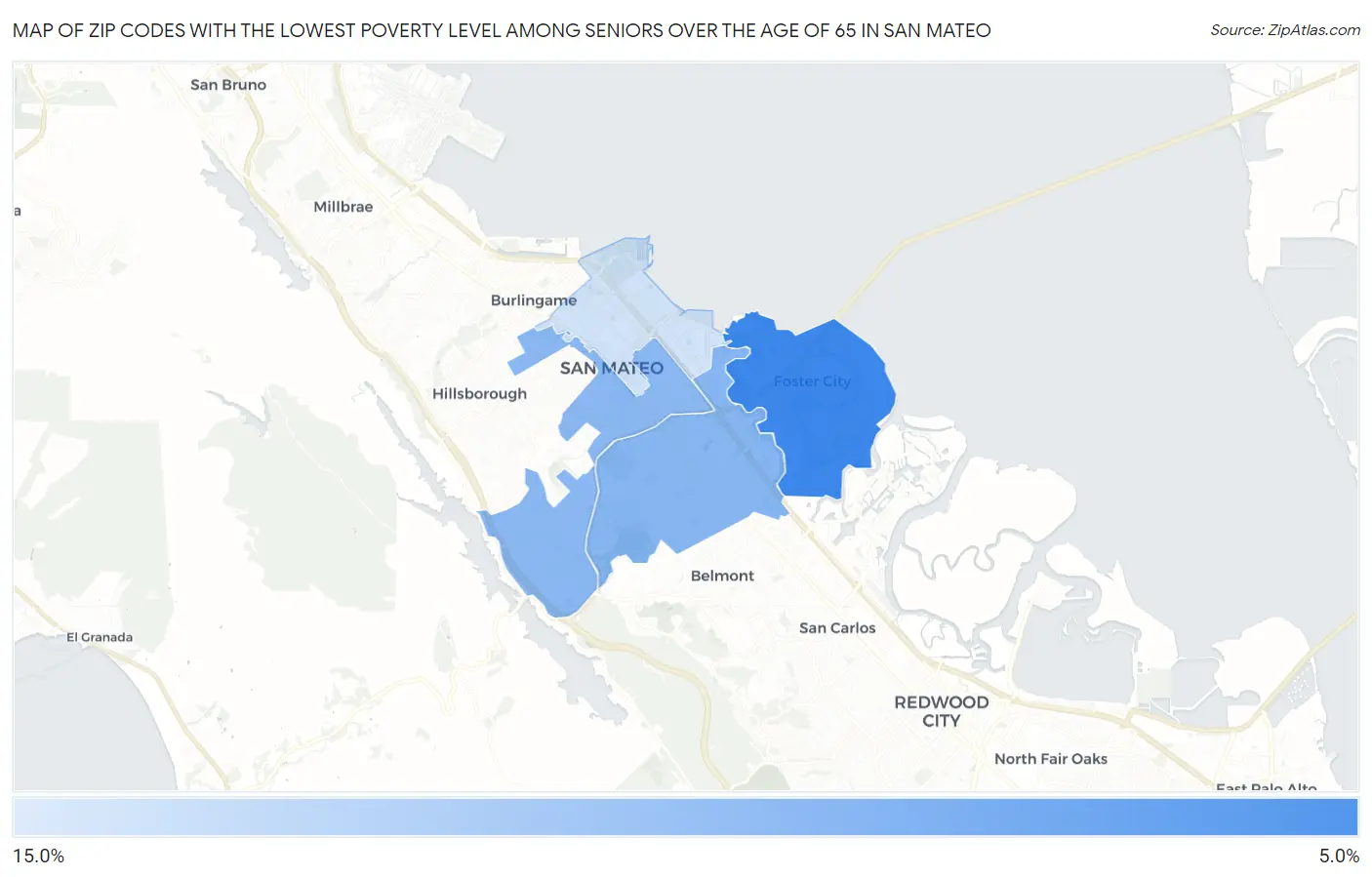 Zip Codes with the Lowest Poverty Level Among Seniors Over the Age of 65 in San Mateo Map