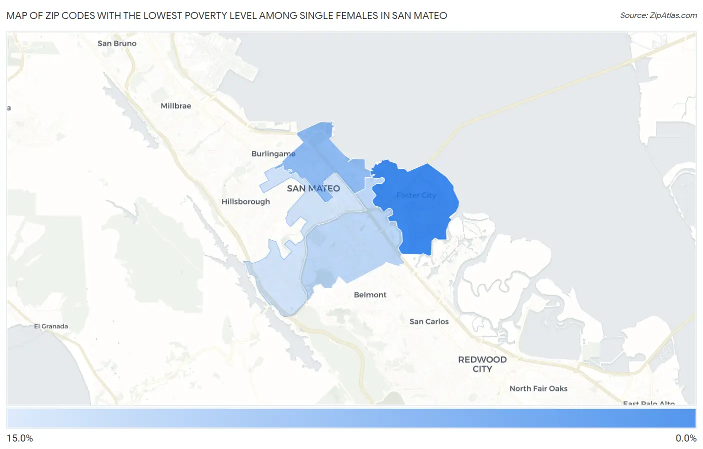 Zip Codes with the Lowest Poverty Level Among Single Females in San Mateo Map