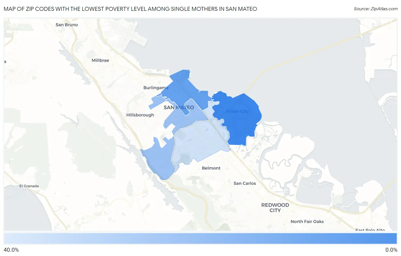 Zip Codes with the Lowest Poverty Level Among Single Mothers in San Mateo Map