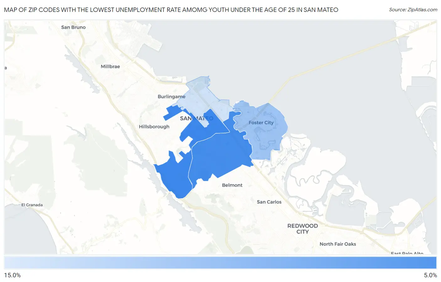 Zip Codes with the Lowest Unemployment Rate Amomg Youth Under the Age of 25 in San Mateo Map