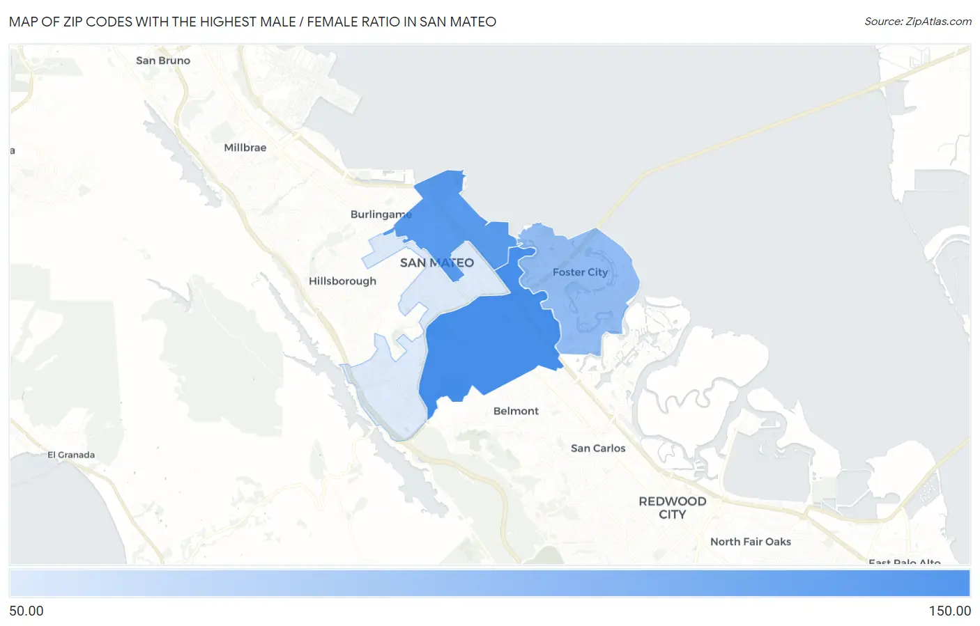 Zip Codes with the Highest Male / Female Ratio in San Mateo Map