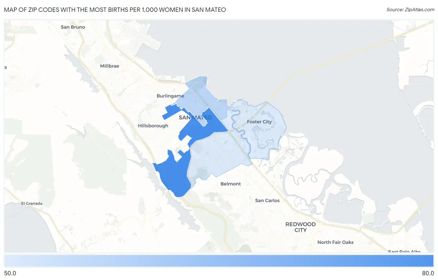 Zip Codes with the Most Births per 1,000 Women in San Mateo Map