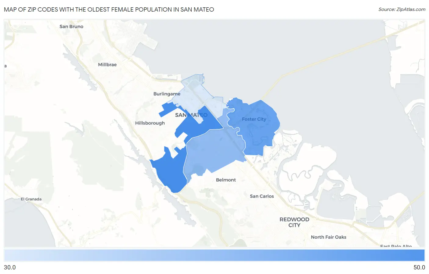 Zip Codes with the Oldest Female Population in San Mateo Map