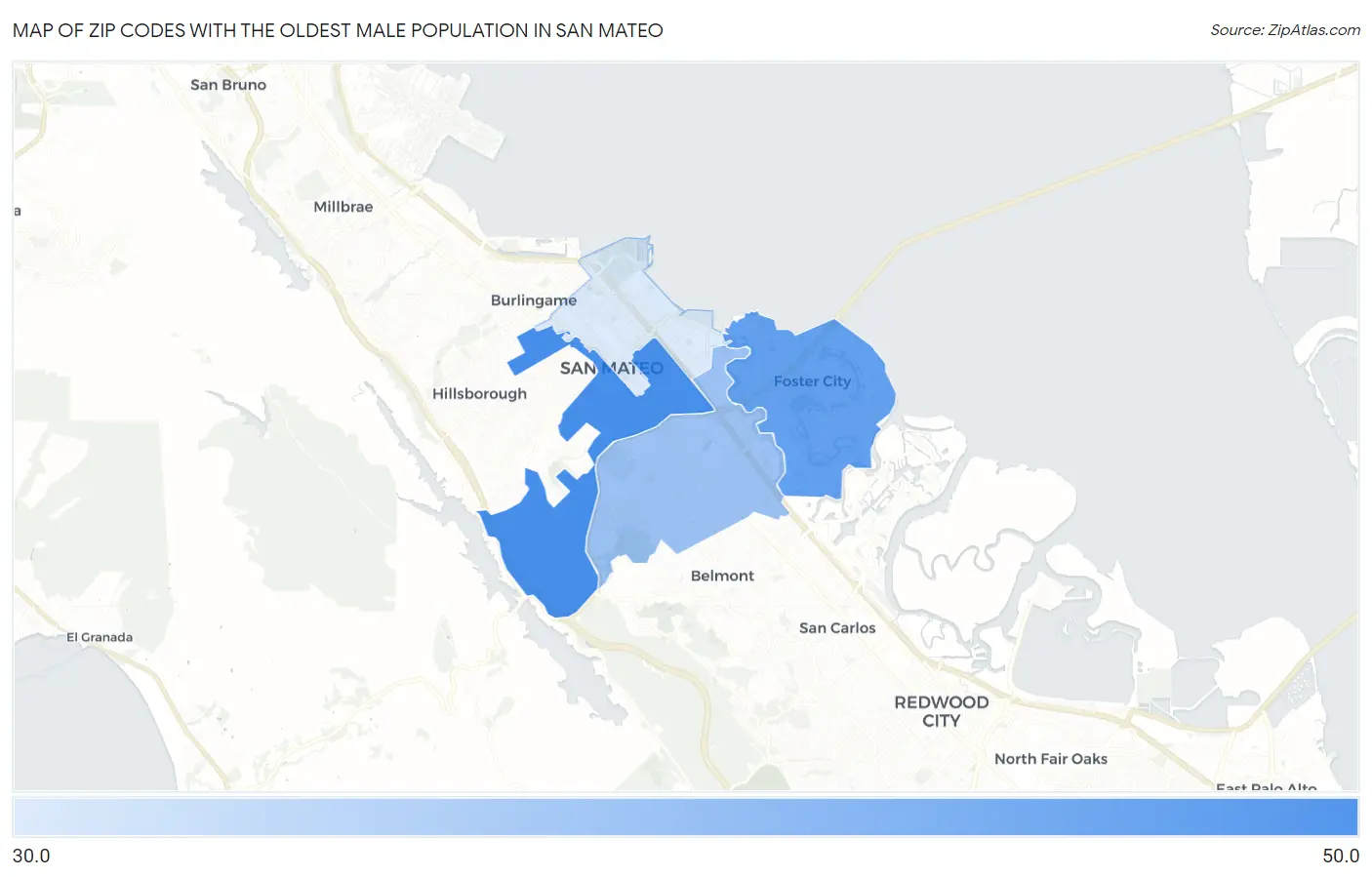 Zip Codes with the Oldest Male Population in San Mateo Map