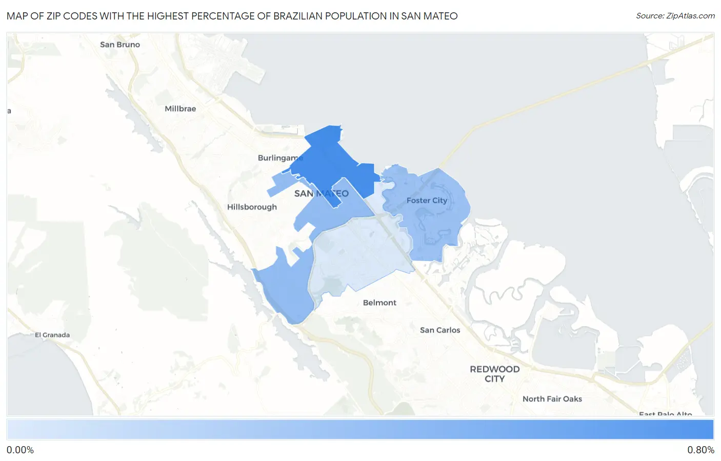 Zip Codes with the Highest Percentage of Brazilian Population in San Mateo Map