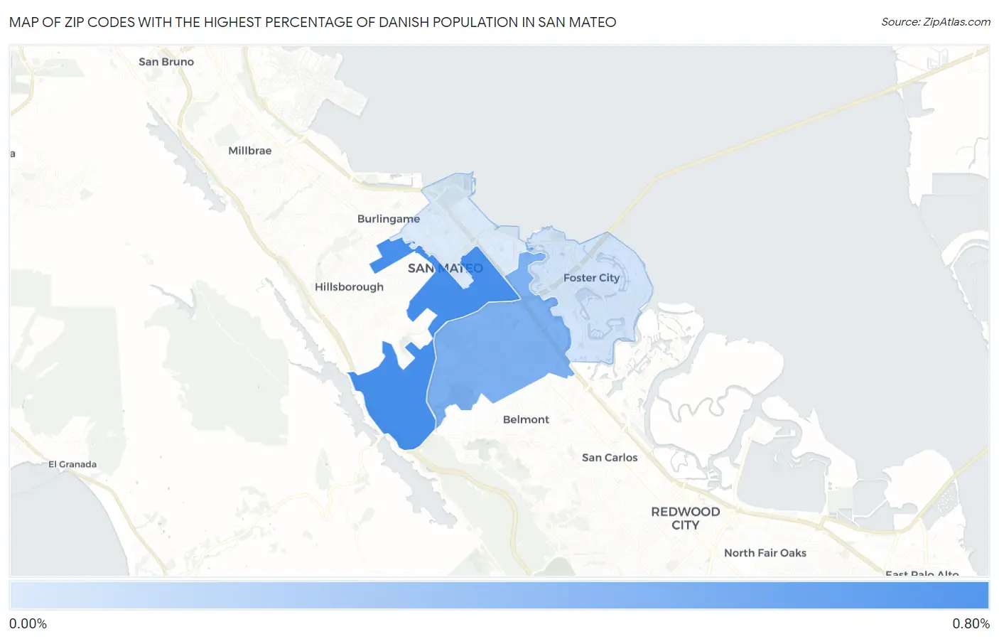 Zip Codes with the Highest Percentage of Danish Population in San Mateo Map