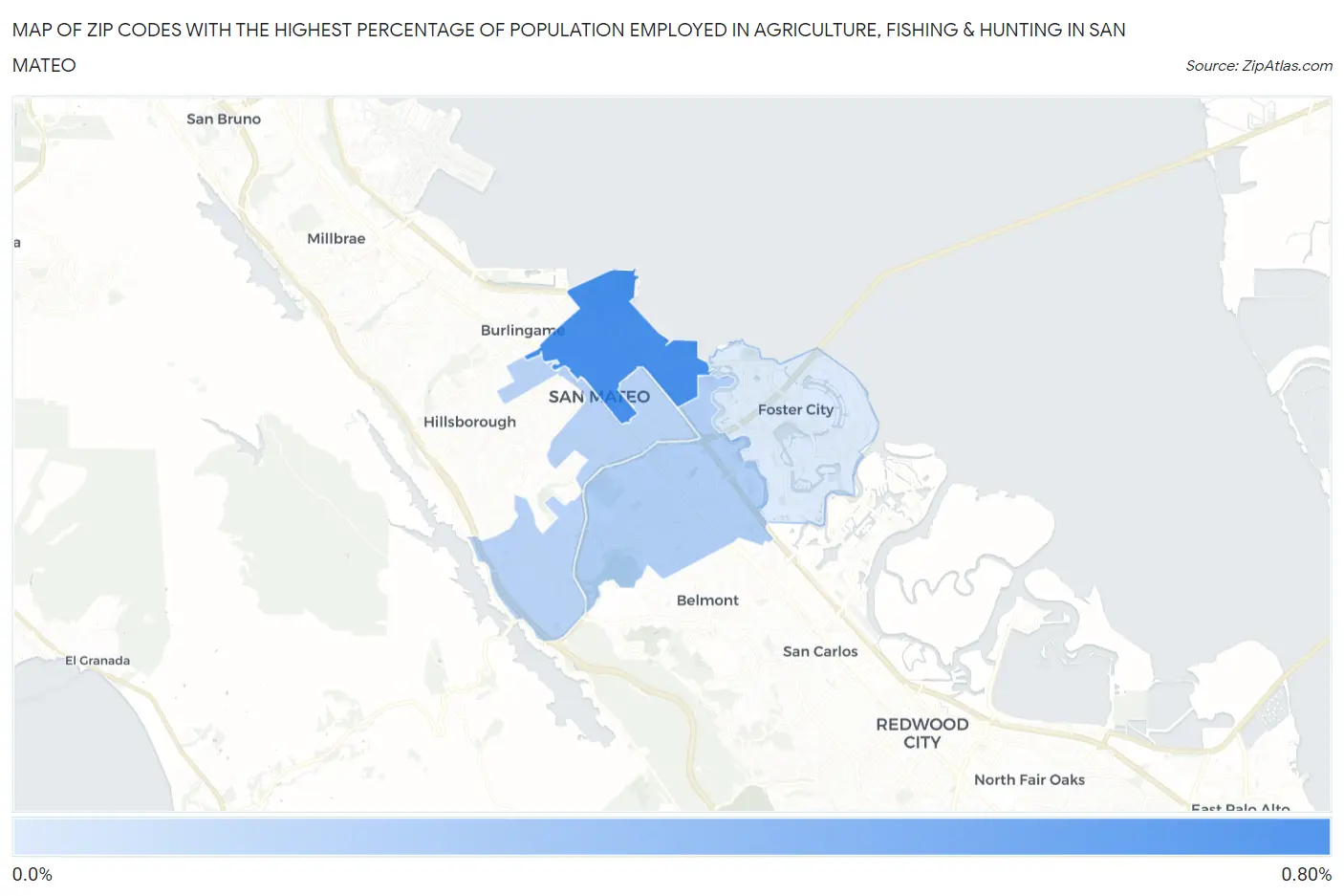 Zip Codes with the Highest Percentage of Population Employed in Agriculture, Fishing & Hunting in San Mateo Map