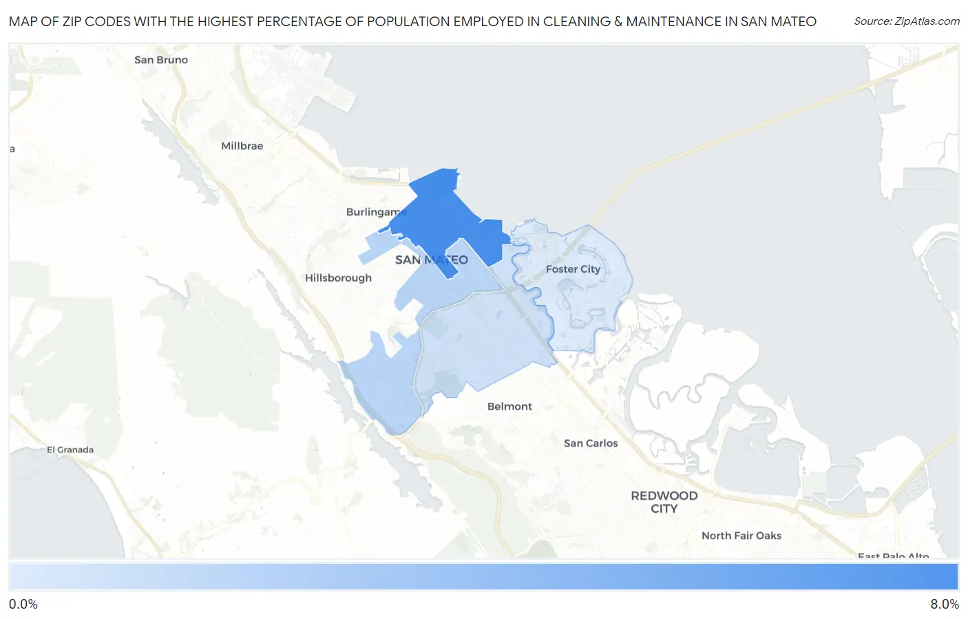 Zip Codes with the Highest Percentage of Population Employed in Cleaning & Maintenance in San Mateo Map