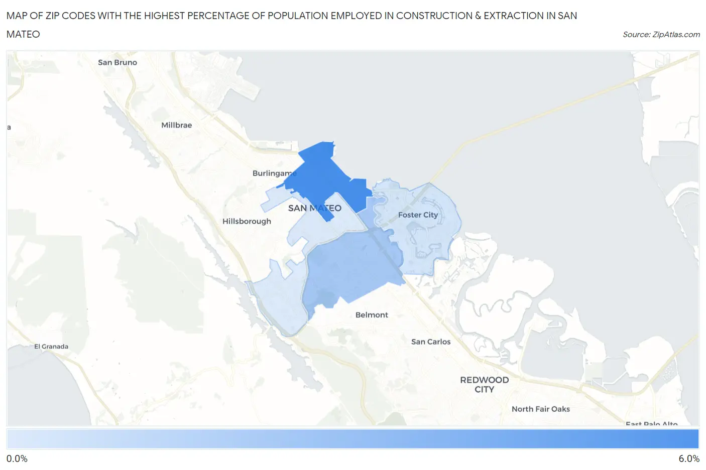 Zip Codes with the Highest Percentage of Population Employed in Construction & Extraction in San Mateo Map