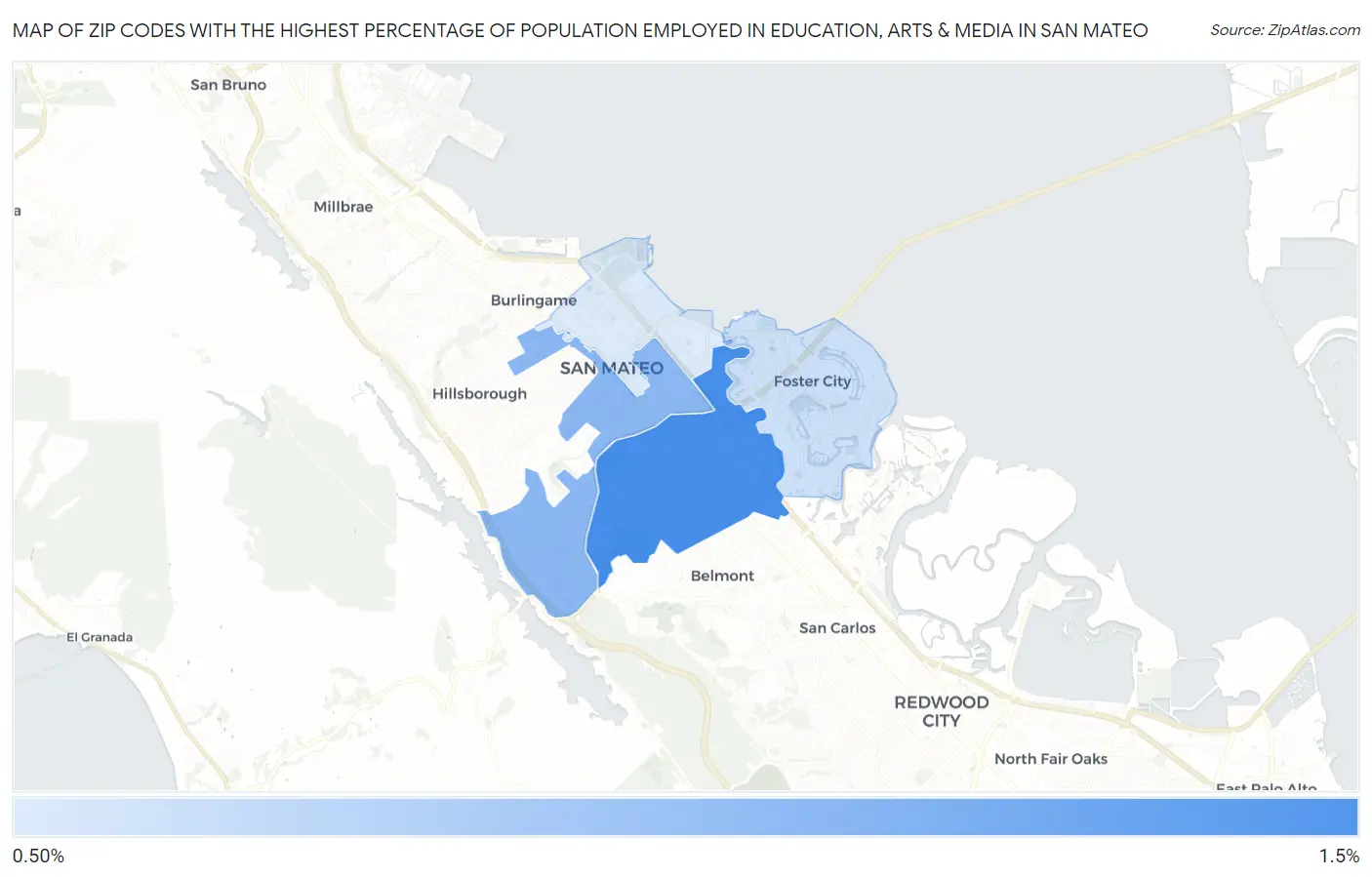 Zip Codes with the Highest Percentage of Population Employed in Education, Arts & Media in San Mateo Map