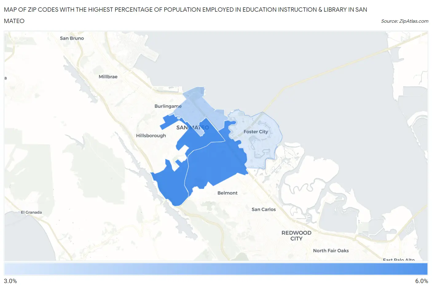 Zip Codes with the Highest Percentage of Population Employed in Education Instruction & Library in San Mateo Map