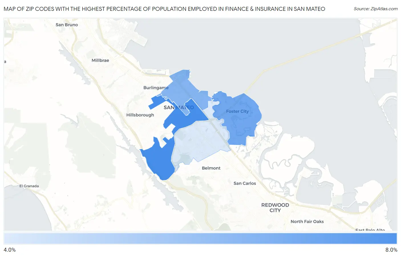 Zip Codes with the Highest Percentage of Population Employed in Finance & Insurance in San Mateo Map