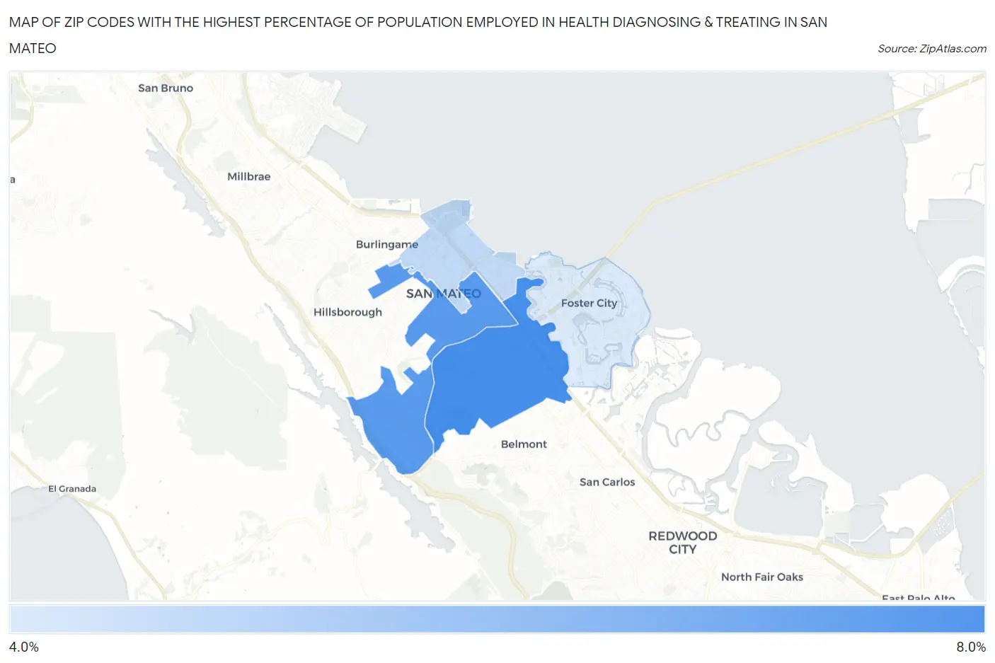 Zip Codes with the Highest Percentage of Population Employed in Health Diagnosing & Treating in San Mateo Map