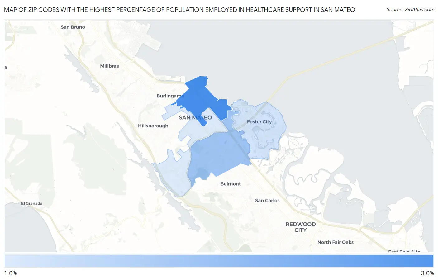 Zip Codes with the Highest Percentage of Population Employed in Healthcare Support in San Mateo Map