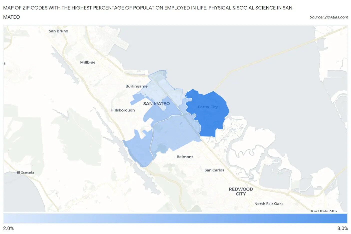 Zip Codes with the Highest Percentage of Population Employed in Life, Physical & Social Science in San Mateo Map