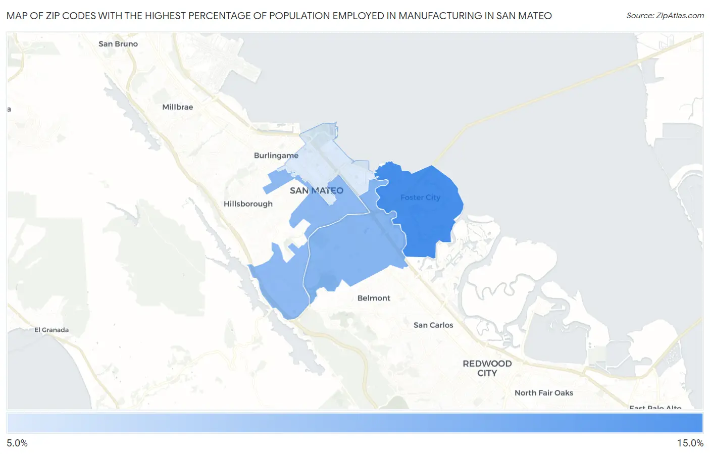 Zip Codes with the Highest Percentage of Population Employed in Manufacturing in San Mateo Map