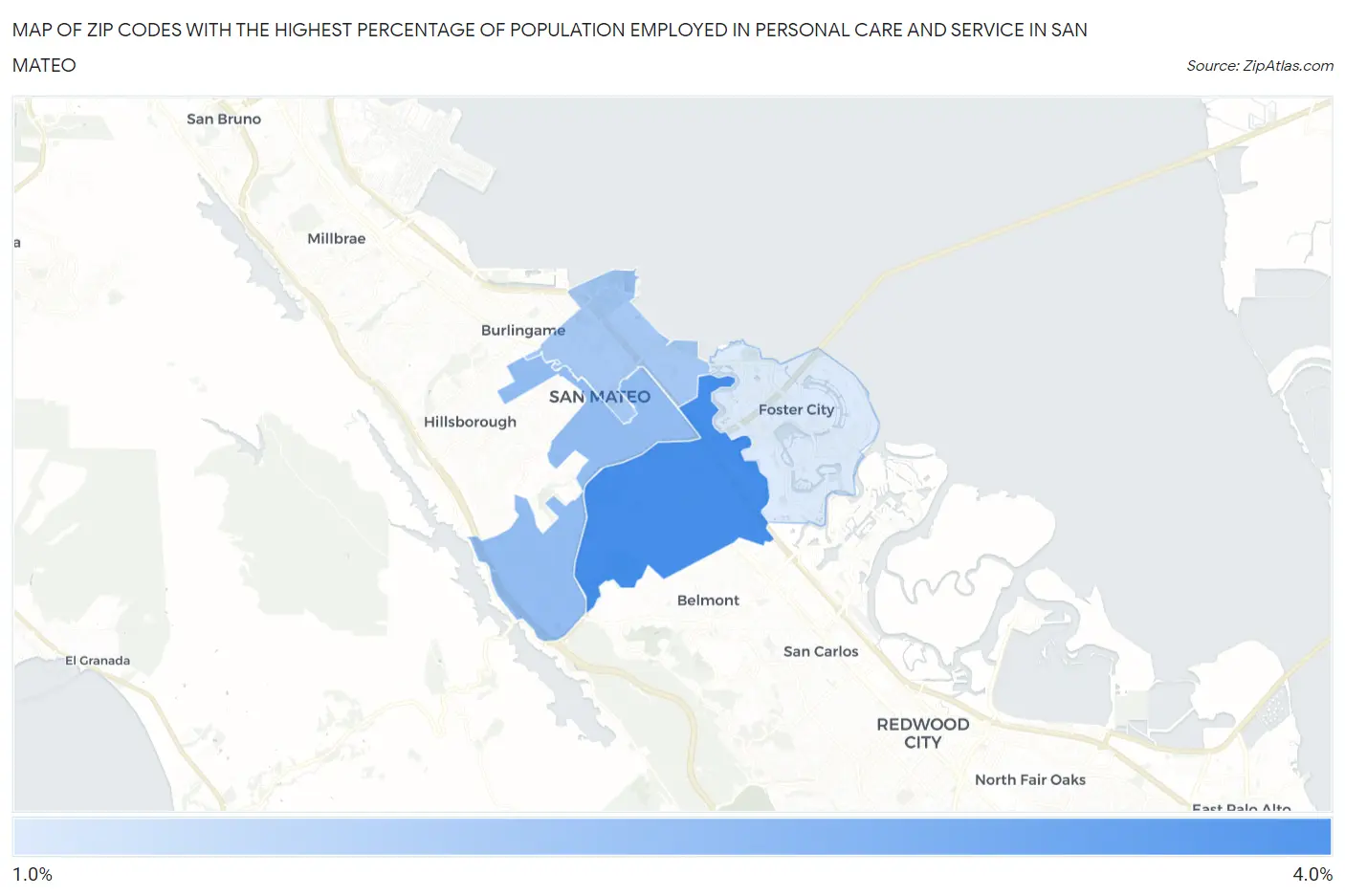 Zip Codes with the Highest Percentage of Population Employed in Personal Care and Service in San Mateo Map