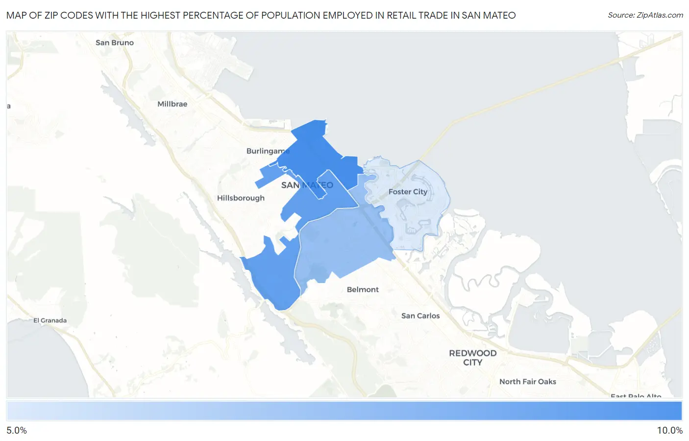 Zip Codes with the Highest Percentage of Population Employed in Retail Trade in San Mateo Map