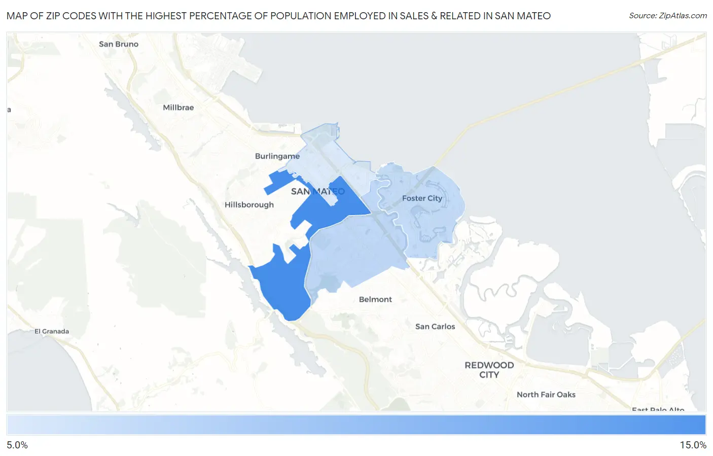Zip Codes with the Highest Percentage of Population Employed in Sales & Related in San Mateo Map