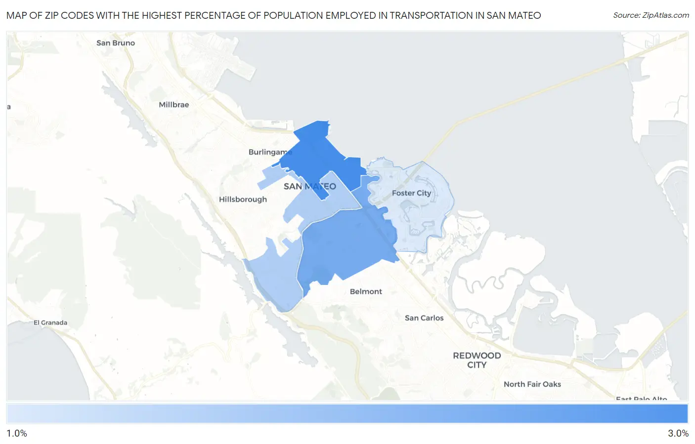 Zip Codes with the Highest Percentage of Population Employed in Transportation in San Mateo Map