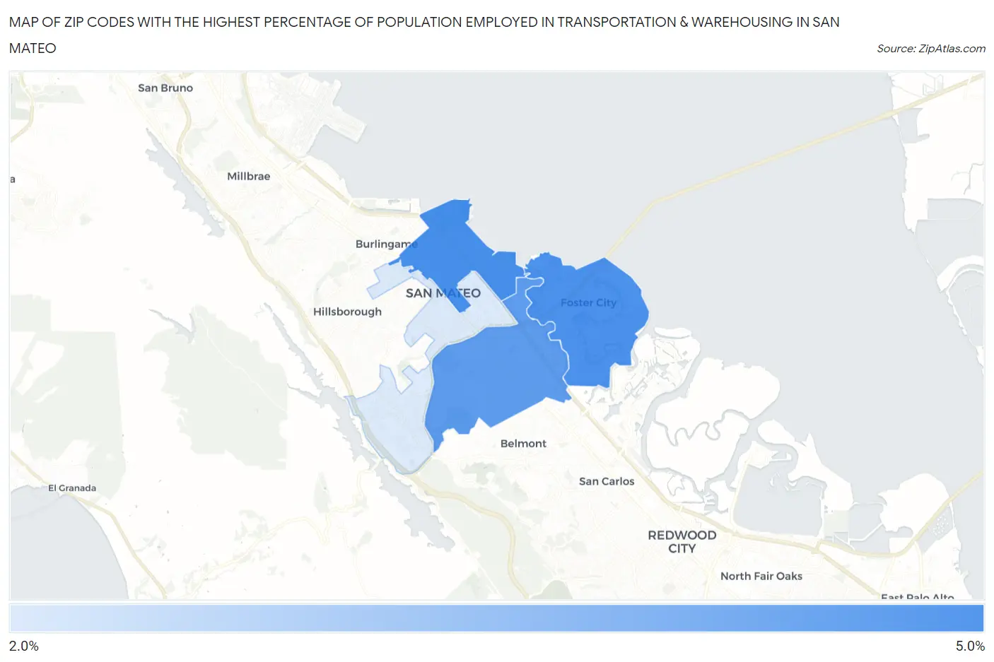 Zip Codes with the Highest Percentage of Population Employed in Transportation & Warehousing in San Mateo Map