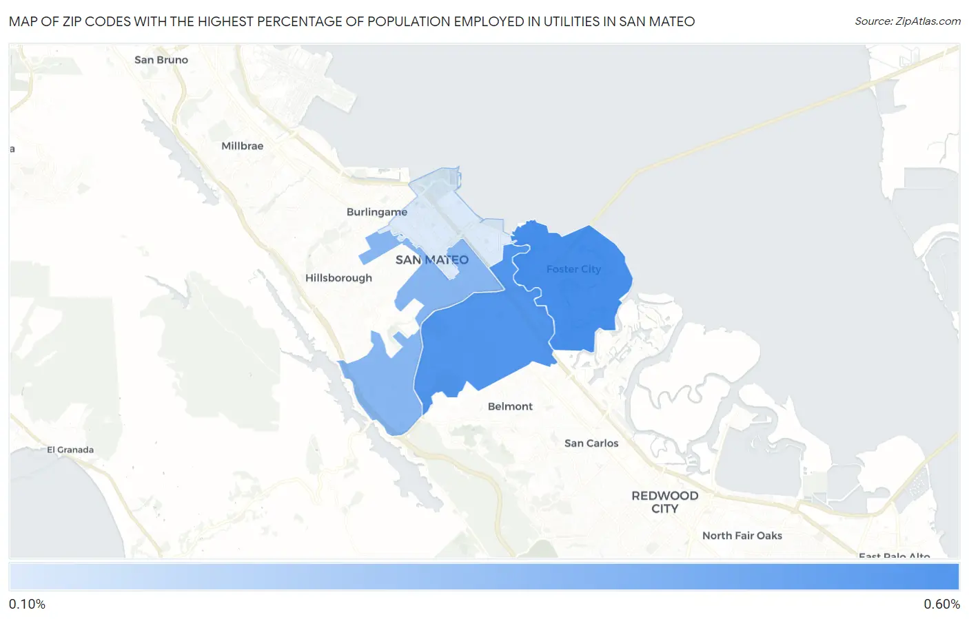 Zip Codes with the Highest Percentage of Population Employed in Utilities in San Mateo Map