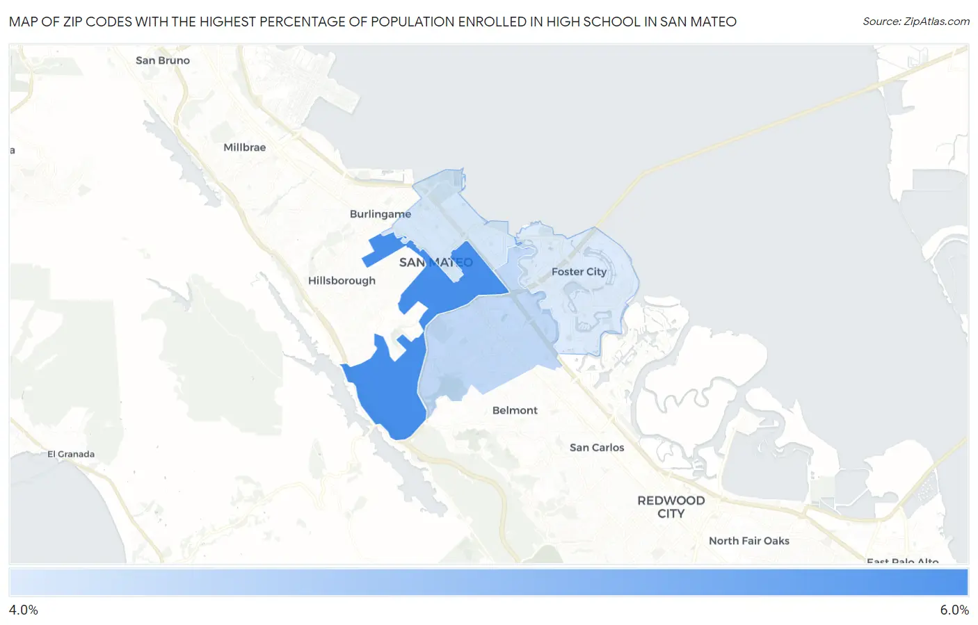 Zip Codes with the Highest Percentage of Population Enrolled in High School in San Mateo Map