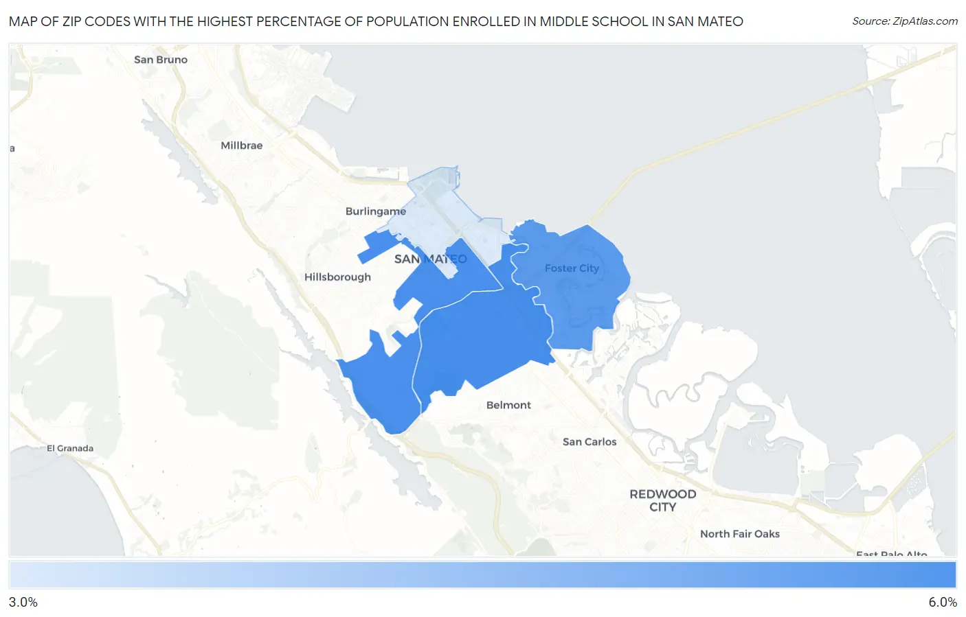 Zip Codes with the Highest Percentage of Population Enrolled in Middle School in San Mateo Map