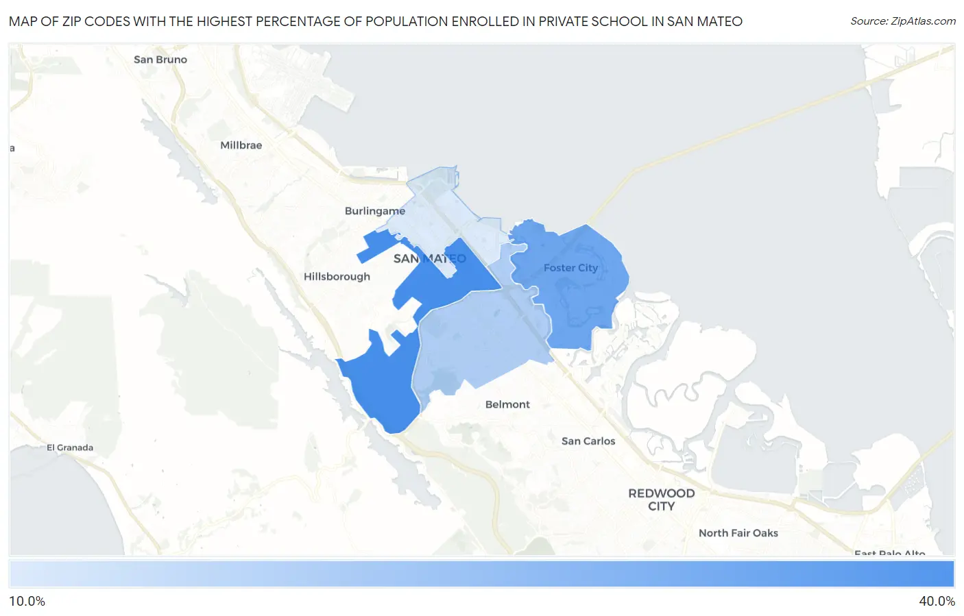 Zip Codes with the Highest Percentage of Population Enrolled in Private School in San Mateo Map
