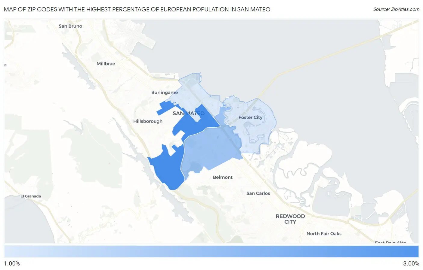 Zip Codes with the Highest Percentage of European Population in San Mateo Map