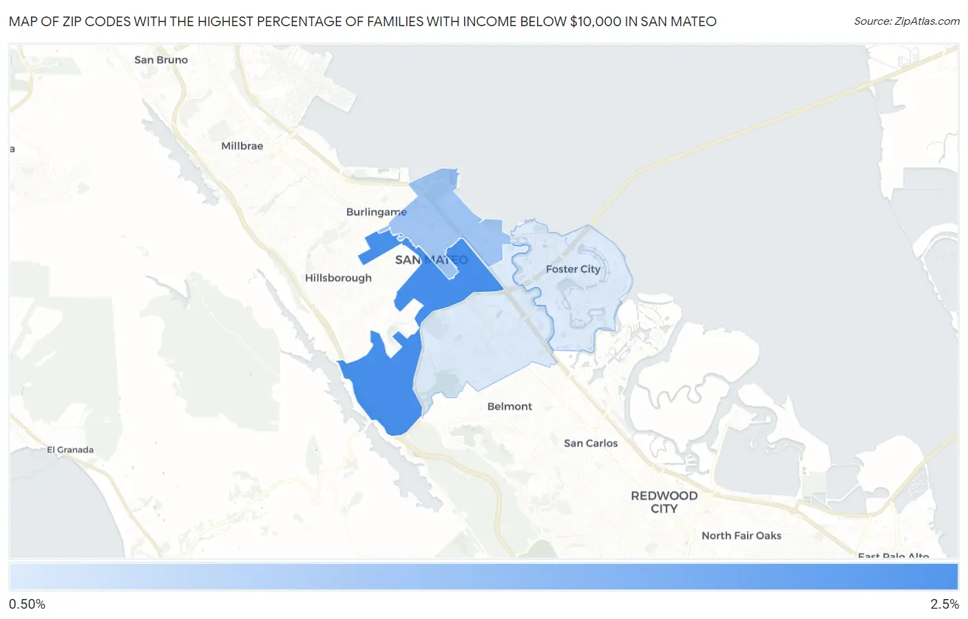 Zip Codes with the Highest Percentage of Families with Income Below $10,000 in San Mateo Map