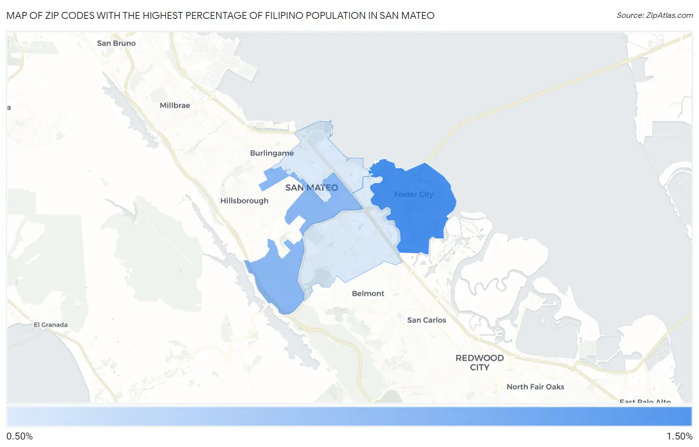 Zip Codes with the Highest Percentage of Filipino Population in San Mateo Map