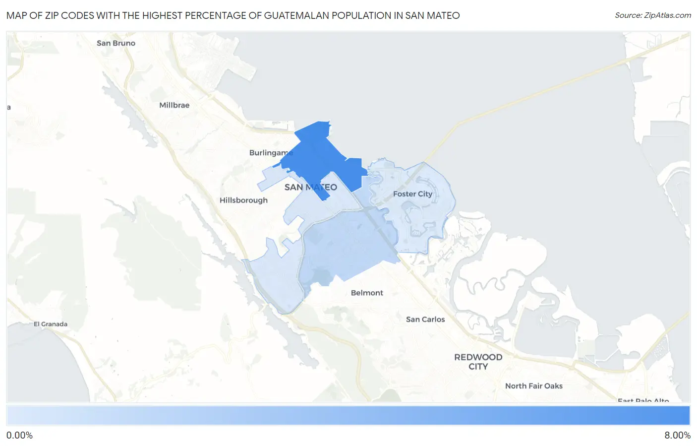 Zip Codes with the Highest Percentage of Guatemalan Population in San Mateo Map