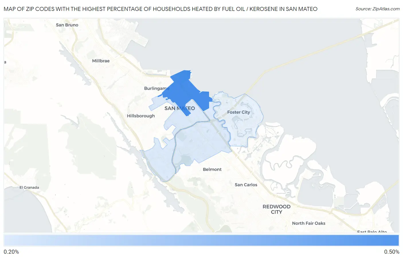 Zip Codes with the Highest Percentage of Households Heated by Fuel Oil / Kerosene in San Mateo Map