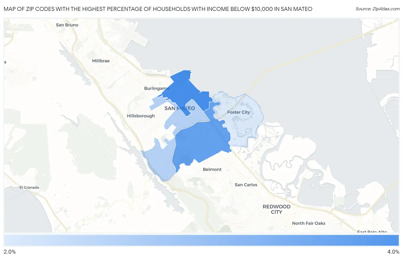 Zip Codes with the Highest Percentage of Households with Income Below $10,000 in San Mateo Map