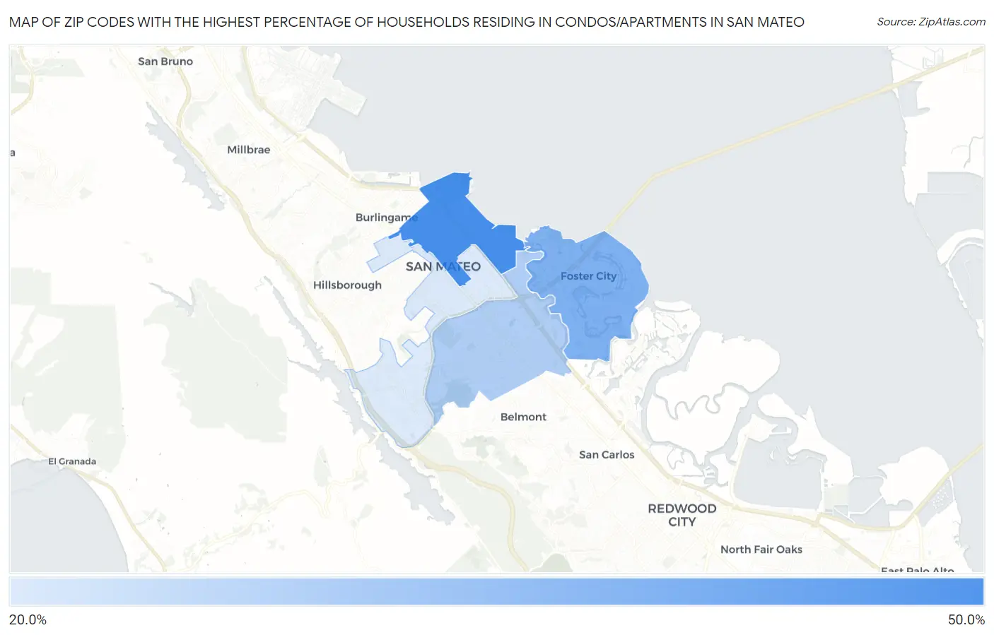 Zip Codes with the Highest Percentage of Households Residing in Condos/Apartments in San Mateo Map